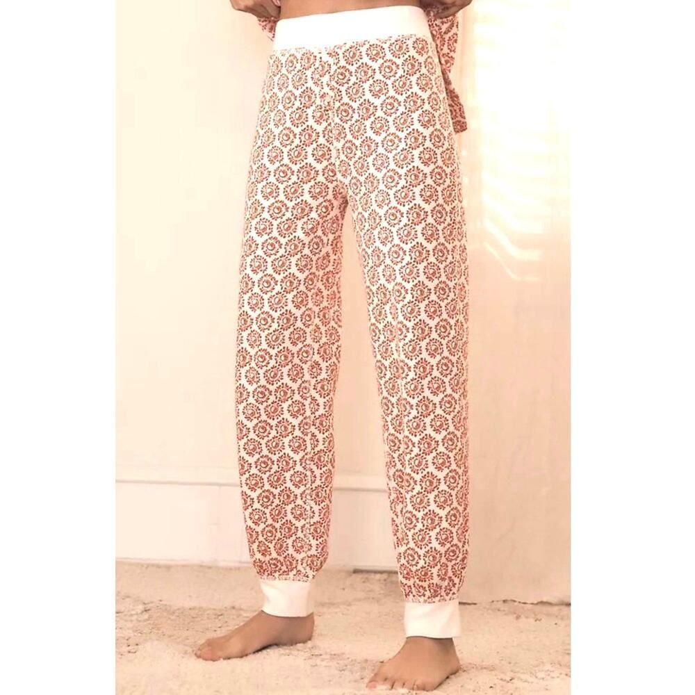 Anthropologie Red Floral Waffle Knit Lounge Pants Comfy Cozy BOHO Joggers Size M